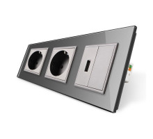 Розетка трехместная силовая с заземлением и USB цвет серый стекло Livolo (VL-C7C2EU1USB0-15)