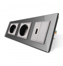 Розетка трехместная силовая с заземлением и USB цвет серый стекло Livolo (VL-C7C2EU1USB0-15)