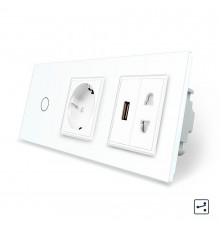 Сенсорный проходной выключатель 1 сенсор 1 розетка 1 USB 1 розетка универсальная белый стекло Livolo (VL-C701SC1EU1USBC1A-11)