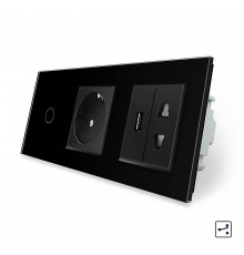 Сенсорный проходной выключатель 1 сенсор 1 розетка 1 USB 1 розетка универсальная черный стекло Livolo (VL-C701SC1EU1USBC1A-12)