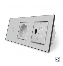 Сенсорный проходной выключатель 1 сенсор 1 розетка 1 USB 1 розетка универсальная серый стекло Livolo (VL-C701SC1EU1USBC1A-15)