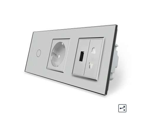 Сенсорный проходной выключатель 1 сенсор 1 розетка 1 USB 1 розетка универсальная серый стекло Livolo (VL-C701SC1EU1USBC1A-15)