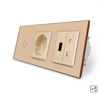 Сенсорный проходной выключатель 1 сенсор 1 розетка 1 USB 1 розетка универсальная золотой стекло Livolo (VL-C701SC1EU1USBC1A-13)