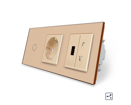 Сенсорный проходной выключатель 1 сенсор 1 розетка 1 USB 1 розетка универсальная золотой стекло Livolo (VL-C701SC1EU1USBC1A-13)