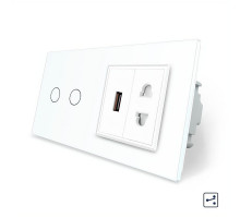 Сенсорный проходной выключатель 2 сенсора 1 розетка 1 USB белый стекло Livolo (VL-C702S/C7USBC1A-11)