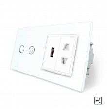 Сенсорный проходной выключатель 2 сенсора 1 розетка 1 USB белый стекло Livolo (VL-C702S/C7USBC1A-11)