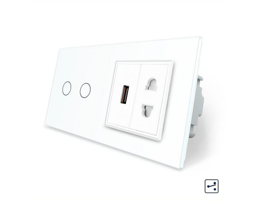 Сенсорный проходной выключатель 2 сенсора 1 розетка 1 USB белый стекло Livolo (VL-C702S/C7USBC1A-11)