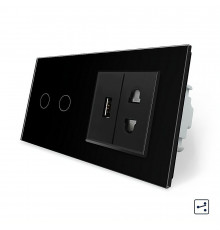 Сенсорный проходной выключатель 2 сенсора 1 розетка 1 USB черный стекло Livolo (VL-C702S/C7USBC1A-12)