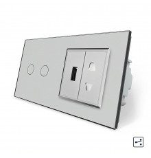 Сенсорный проходной выключатель 2 сенсора 1 розетка 1 USB серый стекло Livolo (VL-C702S/C7USBC1A-15)