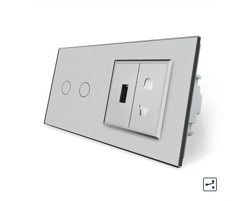 Сенсорный проходной выключатель 2 сенсора 1 розетка 1 USB серый стекло Livolo (VL-C702S/C7USBC1A-15)