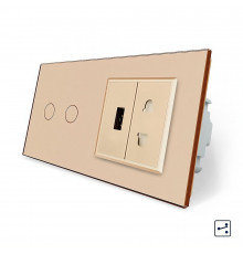 Сенсорный проходной выключатель 2 сенсора 1 розетка 1 USB золотой стекло Livolo (VL-C702S/C7USBC1A-13)
