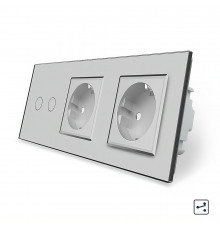 Сенсорный проходной выключатель 2 сенсора 2 розетки серый стекло Livolo (VL-C702S/C7C2EU-15)