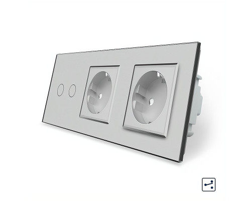 Сенсорный проходной выключатель 2 сенсора 2 розетки серый стекло Livolo (VL-C702S/C7C2EU-15)