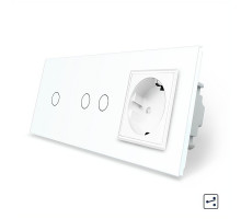 Сенсорный проходной выключатель 3 сенсора (1-2) 1 розетка белый стекло Livolo (VL-C701S/C702S/C7C1EU-11)