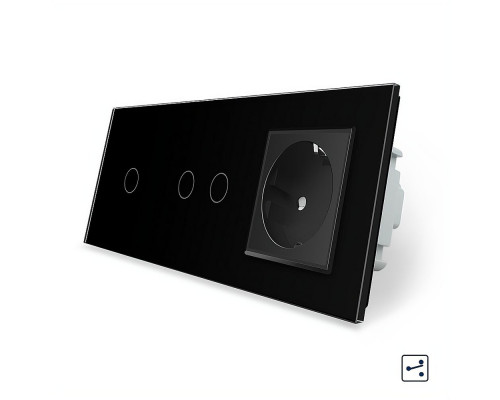 Сенсорный проходной выключатель 3 сенсора (1-2) 1 розетка черный стекло Livolo (VL-C701S/C702S/C7C1EU-12)