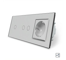 Сенсорный проходной выключатель 3 сенсора (1-2) 1 розетка серый стекло Livolo (VL-C701S/C702S/C7C1EU-15)