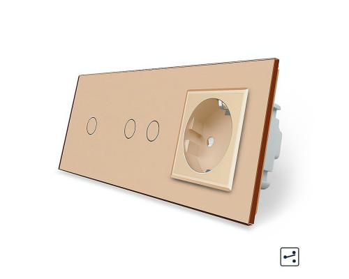 Сенсорный проходной выключатель 3 сенсора (1-2) 1 розетка золото стекло Livolo (VL-C701S/C702S/C7C1EU-13)