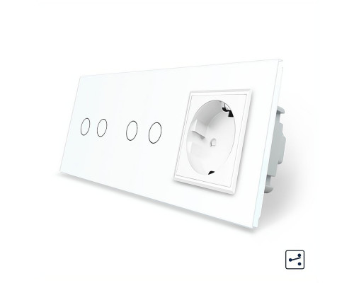 Сенсорный проходной выключатель 4 сенсора (2-2) 1 розетка белый стекло Livolo (VL-C702S/C702S/C7C1EU-11)