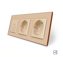 Сенсорный проходной выключатель Sense 1 сенсор 2 розетки золотой стекло Livolo (VL-C7FC1S/FCTC16A/FCTC16A-6AP)