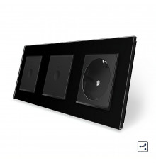 Сенсорный проходной выключатель Sense 2 сенсора (1-1) 1 розетка черный стекло Livolo (VL-C7FC1S/FC1S/FCTC16A-6BP)