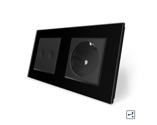 Сенсорный проходной выключатель Sense 2 сенсора 1 розетка черный стекло Livolo (VL-C7FC2S/FCTC16A-4BP)