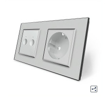 Сенсорный проходной выключатель Sense 2 сенсора 1 розетка серый стекло Livolo (VL-C7FC2S/FCTC16A-4IP)