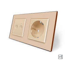 Сенсорный проходной выключатель Sense 2 сенсора 1 розетка золотой стекло Livolo (VL-C7FC2S/FCTC16A-4AP)