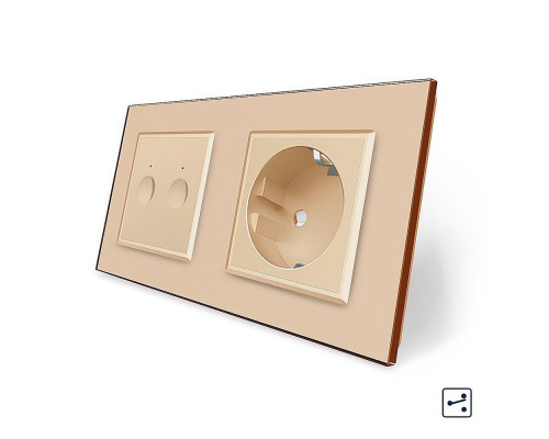 Сенсорный проходной выключатель Sense 2 сенсора 1 розетка золотой стекло Livolo (VL-C7FC2S/FCTC16A-4AP)