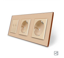 Сенсорный проходной выключатель Sense 2 сенсора 2 розетки золотой стекло Livolo (VL-C7FC2S/FCTC16A/FCTC16A-6AP)