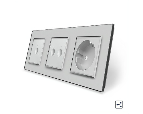 Сенсорный проходной выключатель Sense 3 сенсора (1-2) 1 розетка серый стекло Livolo (VL-C7FC1S/FC2S/FCTC16A-6IP)