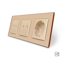 Сенсорный проходной выключатель Sense 4 сенсора (2-2) 1 розетка золотой стекло Livolo (VL-C7FC2S/FC2S/FCTC16A-6AP)