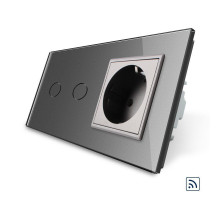 Сенсорный радиоуправляемый выключатель 2 сенсора 1 розетка серый стекло Livolo (VL-C702R/C7C1EU-15)