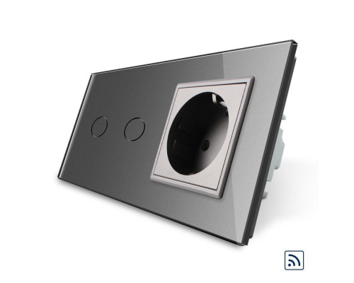 Сенсорный радиоуправляемый выключатель 2 сенсора 1 розетка серый стекло Livolo (VL-C702R/C7C1EU-15)