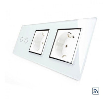 Сенсорный радиоуправляемый выключатель 2 сенсора 2 розетки белый хром стекло Livolo (VL-C702R/C7C2EU-11C)