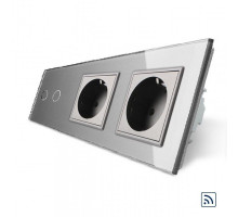 Сенсорный радиоуправляемый выключатель 2 сенсора 2 розетки серый стекло Livolo (VL-C702R/C7C2EU-15)