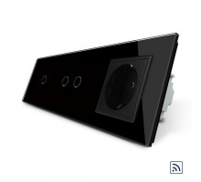 Сенсорный радиоуправляемый выключатель 3 сенсора (1-2) 1 розетка черный стекло Livolo (VL-C701R/C702R/C7C1EU-12)