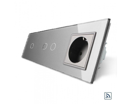 Сенсорный радиоуправляемый выключатель 3 сенсора (1-2) 1 розетка серый стекло Livolo (VL-C701R/C702R/C7C1EU-15)