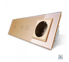 Сенсорный радиоуправляемый выключатель 3 сенсора (1-2) 1 розетка золото стекло Livolo (VL-C701R/C702R/C7C1EU-13)