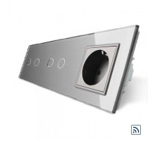 Сенсорный радиоуправляемый выключатель 4 сенсора (2-2) 1 розетка серый стекло Livolo (VL-C702R/C702R/C7C1EU-15)
