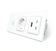 Сенсорный выключатель 1 сенсор 1 розетка 1 USB 1 розетка универсальная белый стекло Livolo (VL-C701C1EU1USBC1A-11)