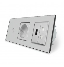 Сенсорный выключатель 1 сенсор 1 розетка 1 USB 1 розетка универсальная серый стекло Livolo (VL-C701C1EU1USBC1A-15)