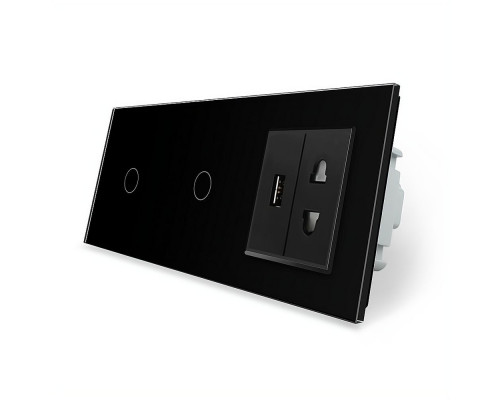 Сенсорный выключатель 2 сенсора (1-1) 1 USB 1 универсальная розетка черный стекло Livolo (VL-C701/C701/C1A1USB-12)