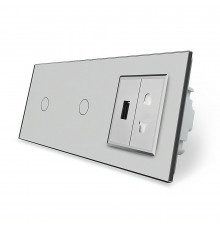 Сенсорный выключатель 2 сенсора (1-1) 1 USB 1 универсальная розетка серый стекло Livolo (VL-C701/C701/C1A1USB-15)