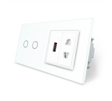Сенсорный выключатель 2 сенсора 1 USB 1 розетка универсальная белый стекло Livolo (VL-C702/C7USBC1A-11)