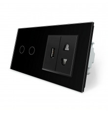 Сенсорный выключатель 2 сенсора 1 USB 1 розетка универсальная черный стекло Livolo (VL-C702/C7USBC1A-12)