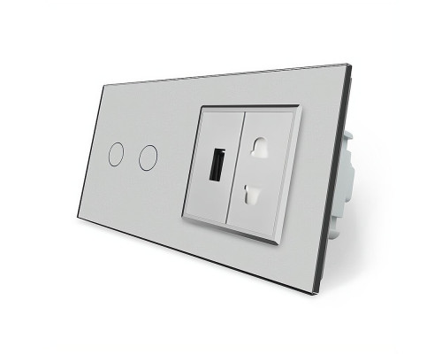 Сенсорный выключатель 2 сенсора 1 USB 1 розетка универсальная серый стекло Livolo (VL-C702/C7USBC1A-15)