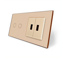 Сенсорный выключатель 2 сенсора 2 USB золотой стекло Livolo (VL-C702/2USB-13)