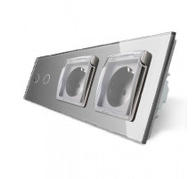 Сенсорный выключатель 2 сенсора Розетка двойная влагозащищенная с крышкой серый стекло Livolo (VL-C702/C7C2EUWF-15)