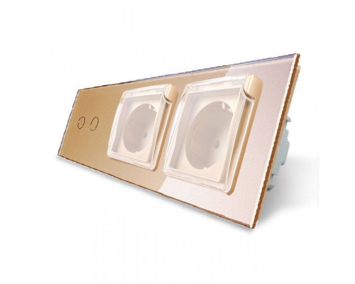 Сенсорный выключатель 2 сенсора Розетка двойная влагозащищенная с крышкой золото стекло Livolo (VL-C702/C7C2EUWF-13)