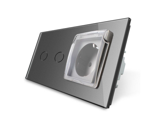 Сенсорный выключатель 2 сенсора Розетка влагозащищенная с крышкой серый стекло Livolo (VL-C702/C7C1EUWF-15)